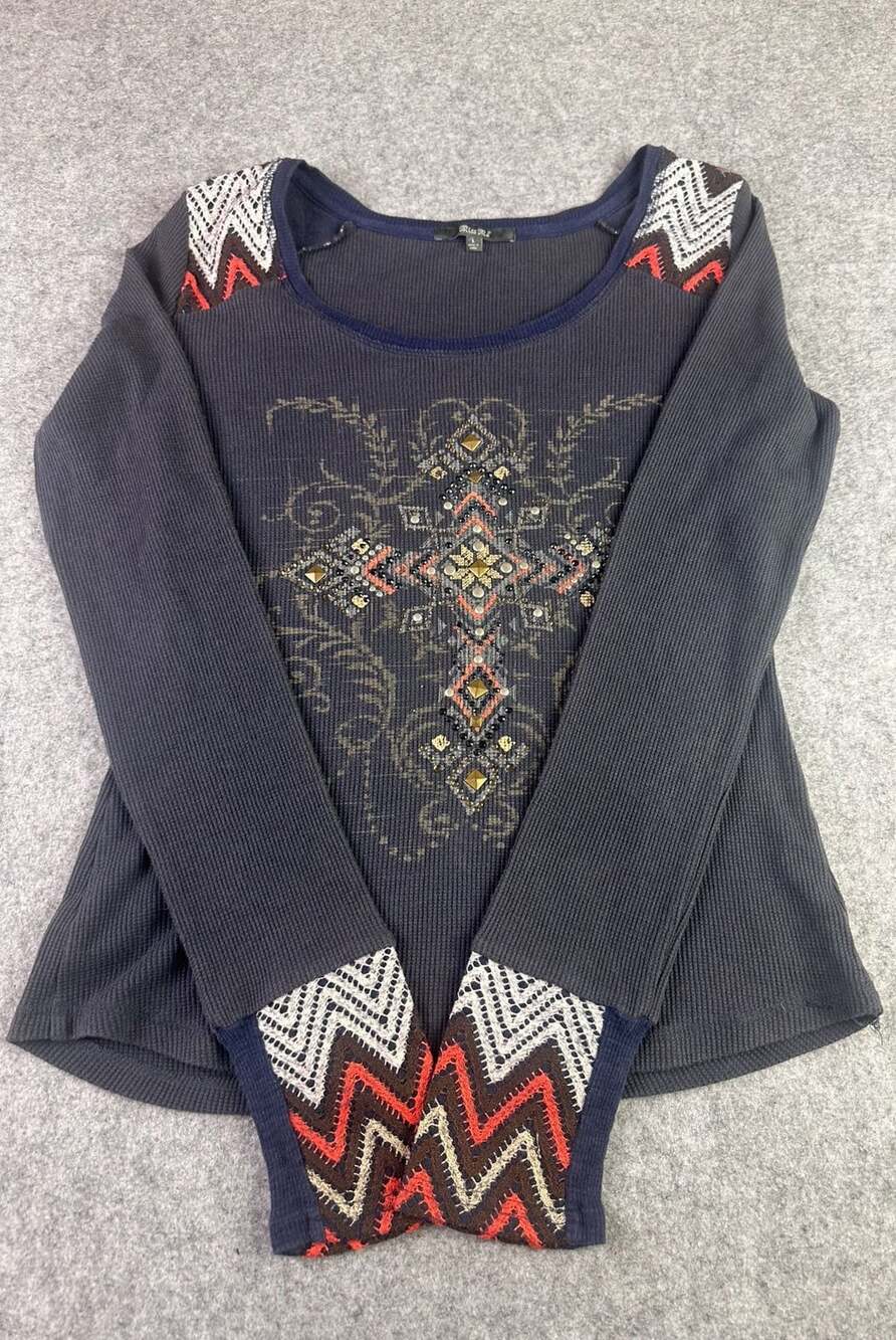 Miss Me Long Sleeve Thermal Top Size L Navy Blue Studded Cross Boho